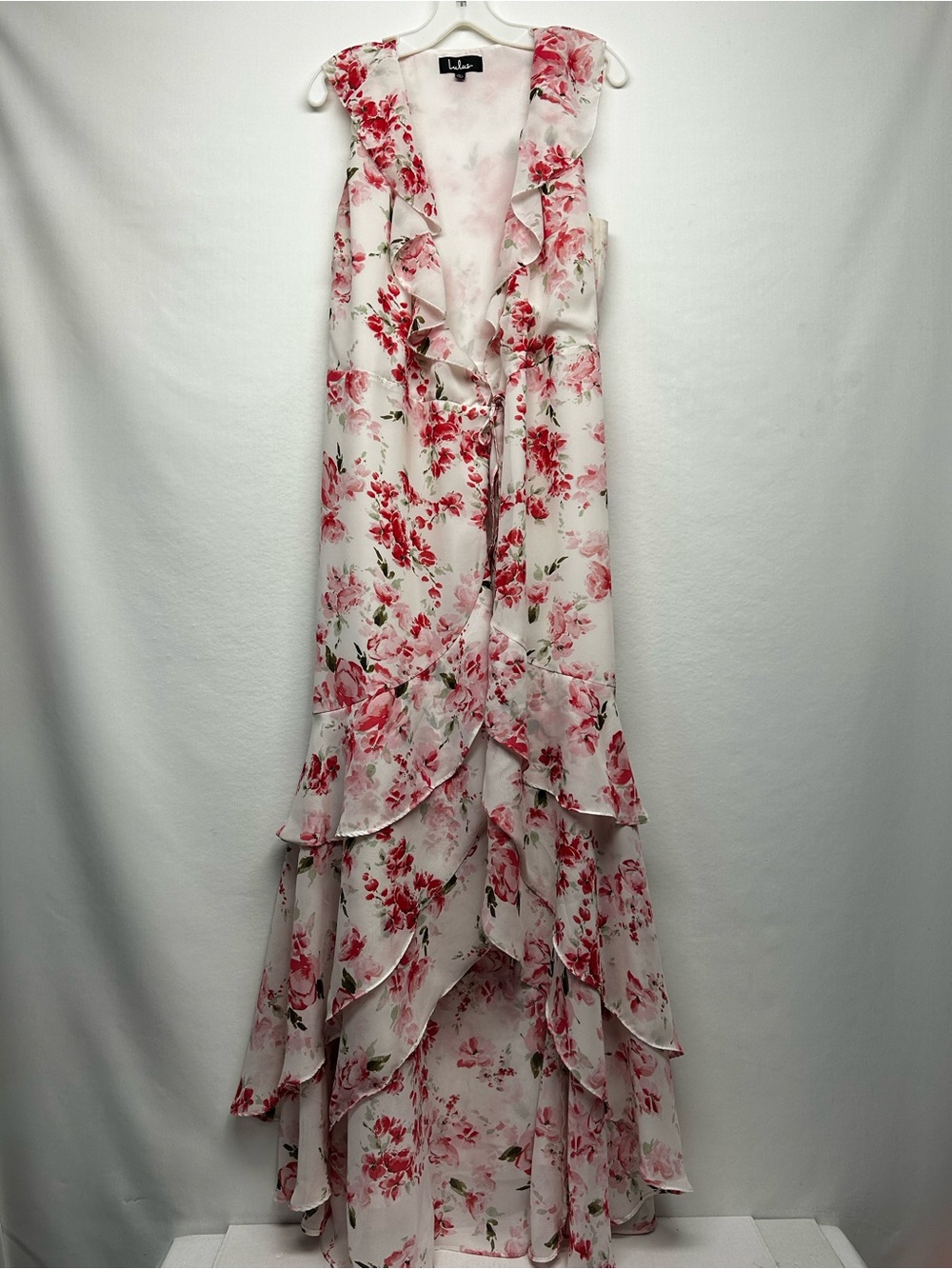 Lulu's White Maxi Dress with Pink Floral Ruffles